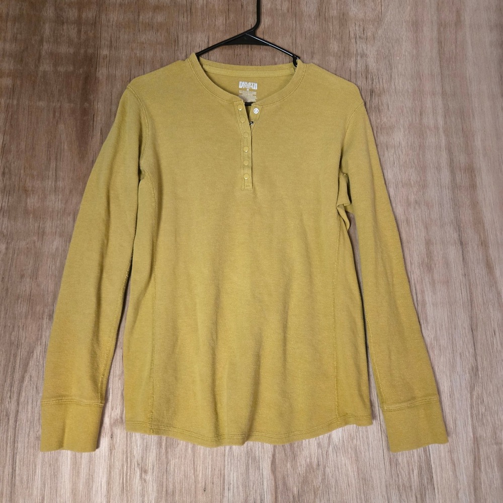 Duluth Trading Co Womens Mustard Yellow Waffle Knit Henley Long Sleeve Shirt M